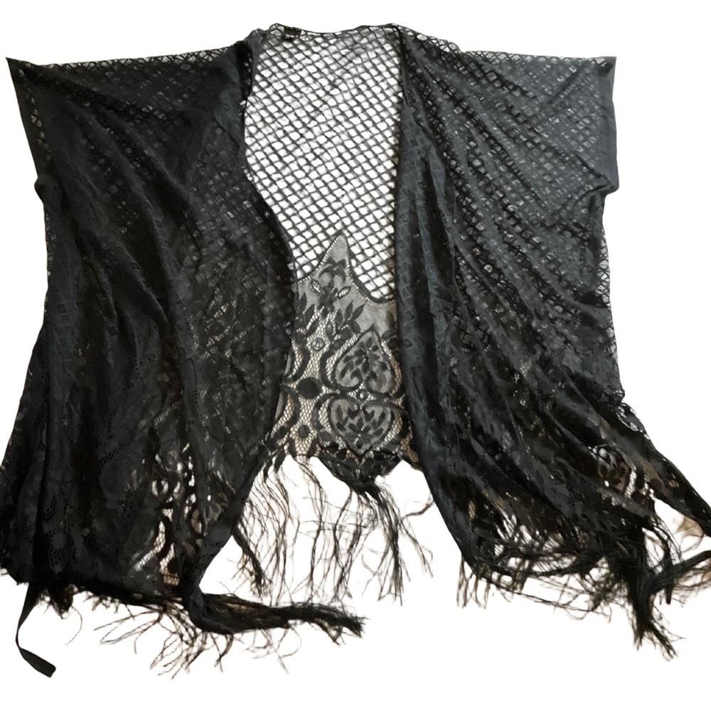 Fashly K‎ Black Lace Fringed Kimono Festival Goth Western One Size